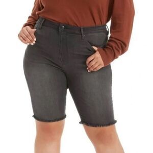 GOOD AMERICAN Good Raw Hem Bermuda High Rise Denim Shorts in Vintage Black Wash